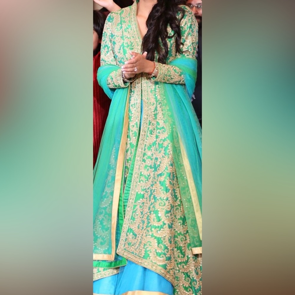 Green and blue bridal lengha